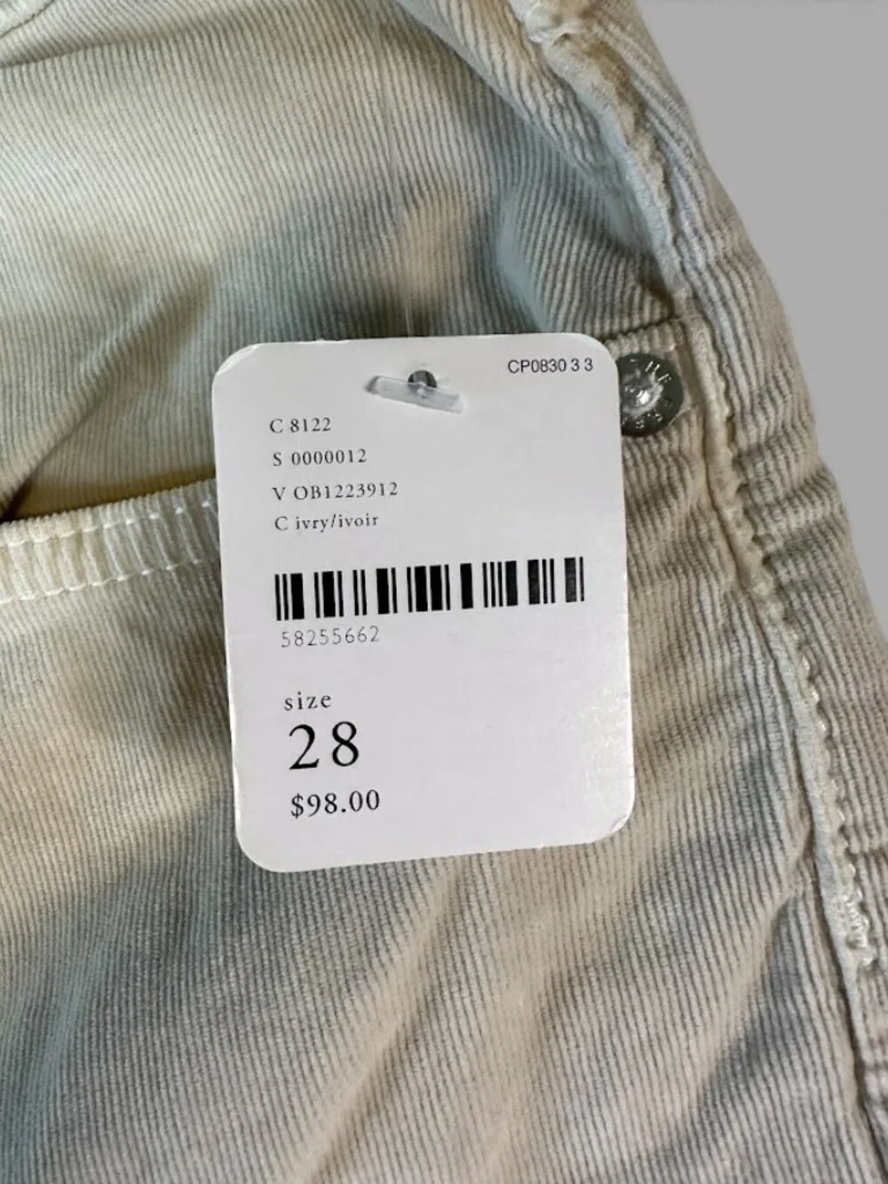 NWT Free People We The Free Sz 28 Corduroy Barrel Jeans High Rise Ivory